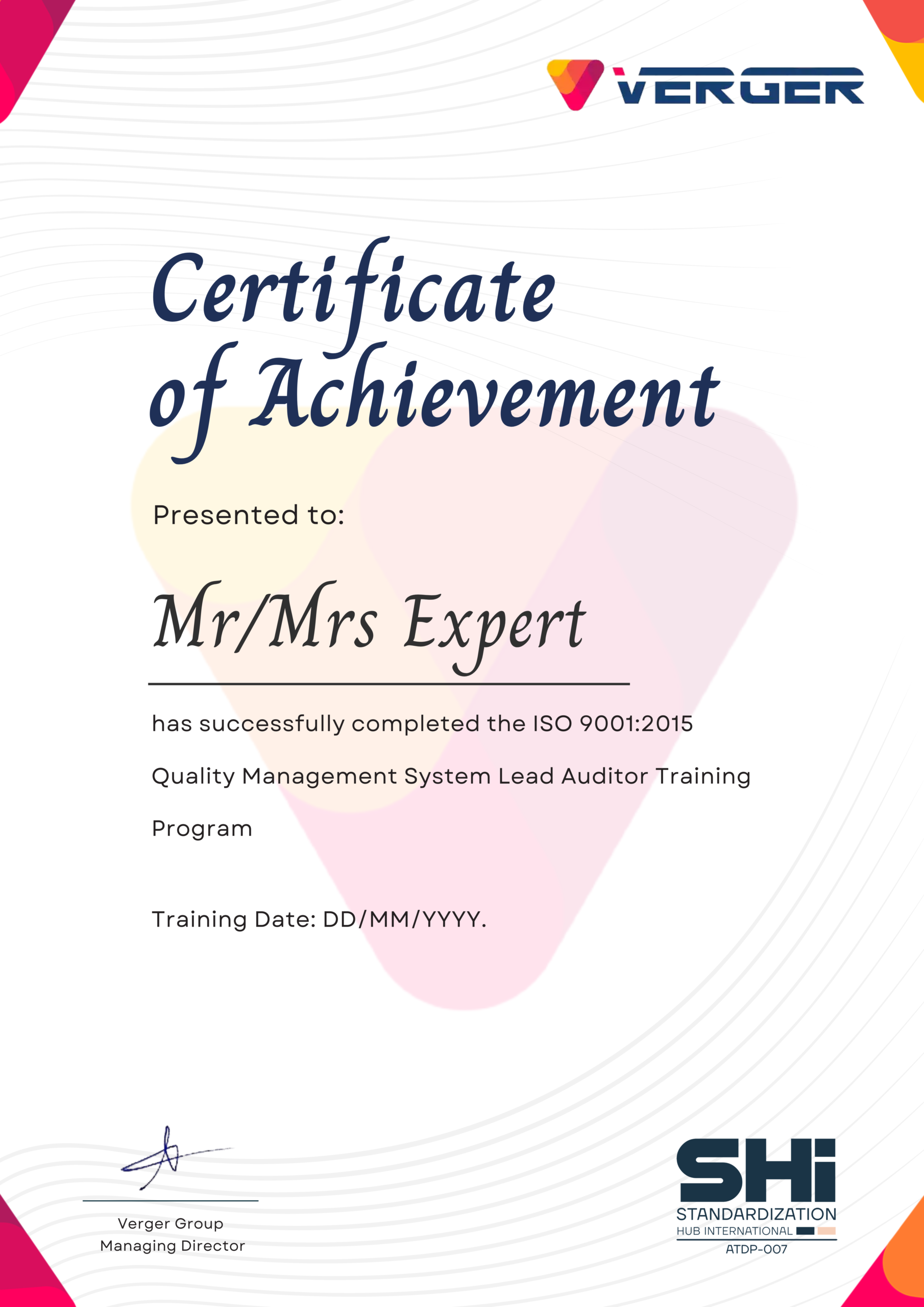 ISO Training Certificate